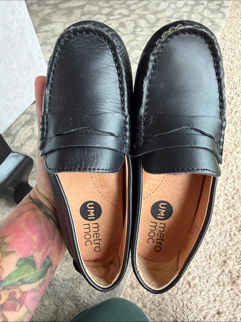 Umi Black Leather Penny Loafers - Metro Moc Style 10.5
